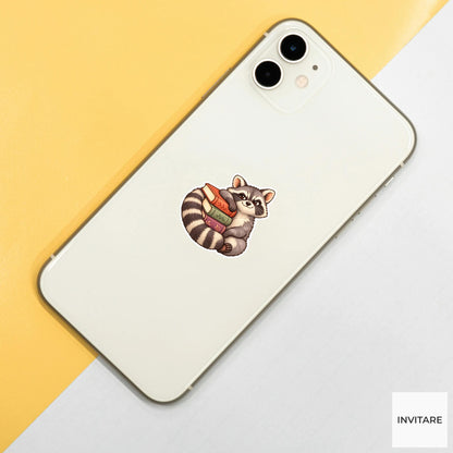 Bookish Raccoon Sticker, Cute Watercolor Book Stack Laptop Planner Water Bottle Reader Gift
