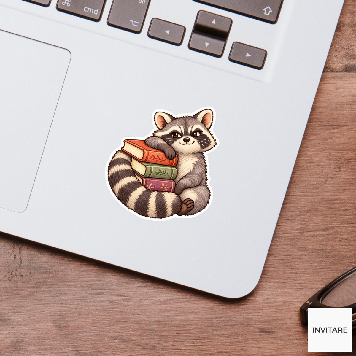 Bookish Raccoon Sticker, Cute Watercolor Book Stack Laptop Planner Water Bottle Reader Gift