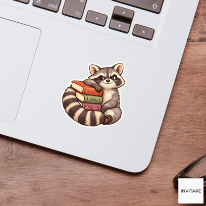 Bookish Raccoon Sticker, Cute Watercolor Book Stack Laptop Planner Water Bottle Reader Gift