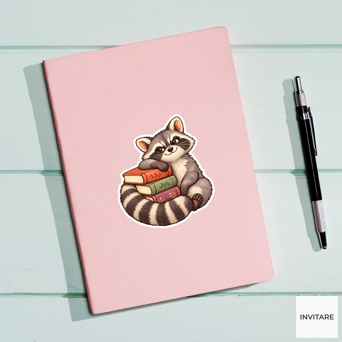 Bookish Raccoon Sticker, Cute Watercolor Book Stack Laptop Planner Water Bottle Reader Gift
