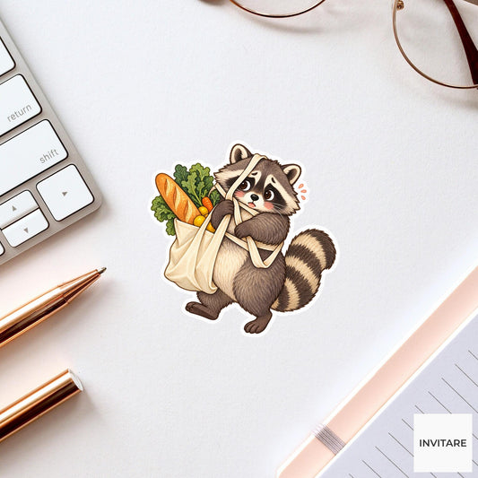 Raccoon Grocery Bag Sticker, Cute Watercolor Trash Panda Laptop Planner Water Bottle Gift