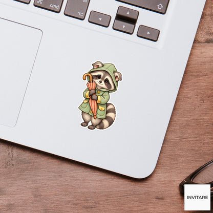 Raccoon Raincoat Umbrella Sticker, Cute Watercolor Trash Panda Laptop Planner Water Bottle Gift