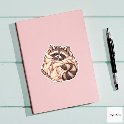 Raccoon Blanket Burrito Sticker, Cozy Watercolor Trash Panda Laptop Planner Water Bottle Gift