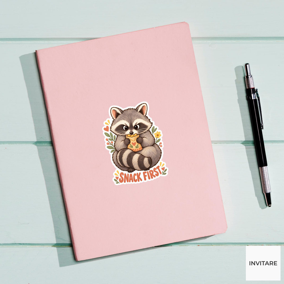 Raccoon Snack First Sticker, Funny Watercolor Trash Panda Laptop Planner Water Bottle Gift