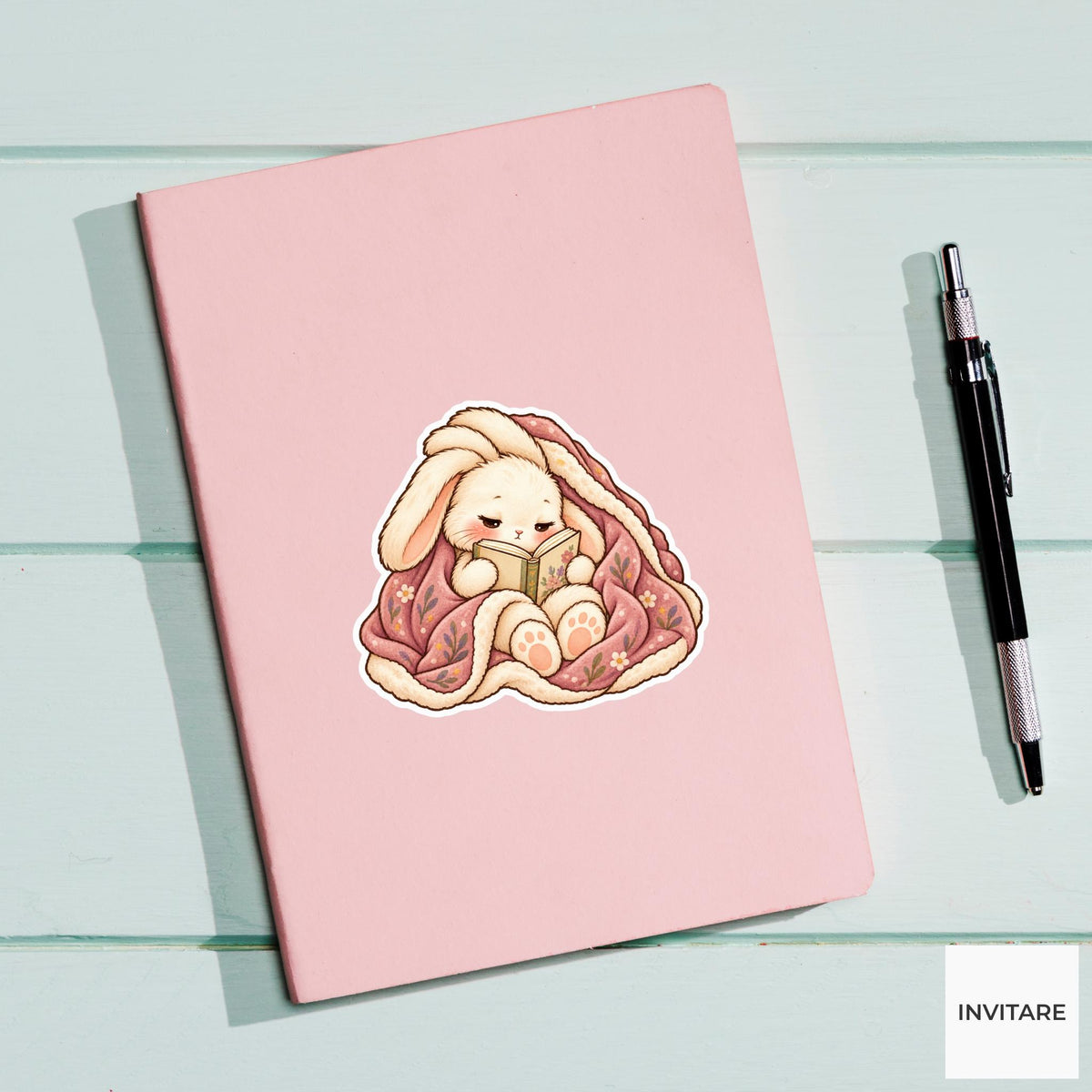 Bunny Blanket Reading Sticker, Cute Watercolor Bookish Rabbit Laptop Planner Water Bottle Gift