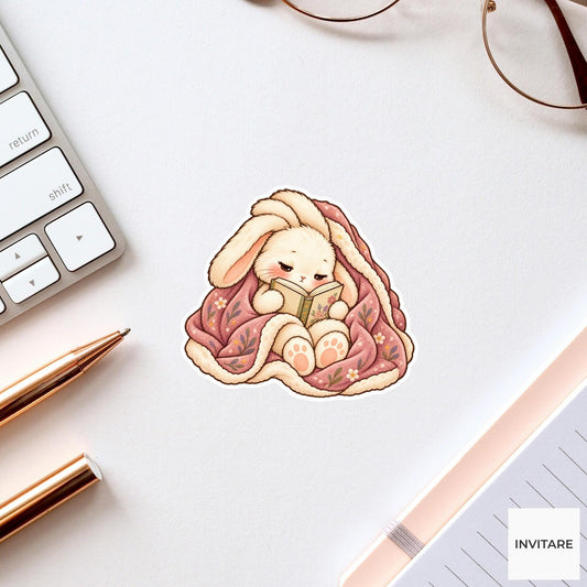Bunny Blanket Reading Sticker, Cute Watercolor Bookish Rabbit Laptop Planner Water Bottle Gift
