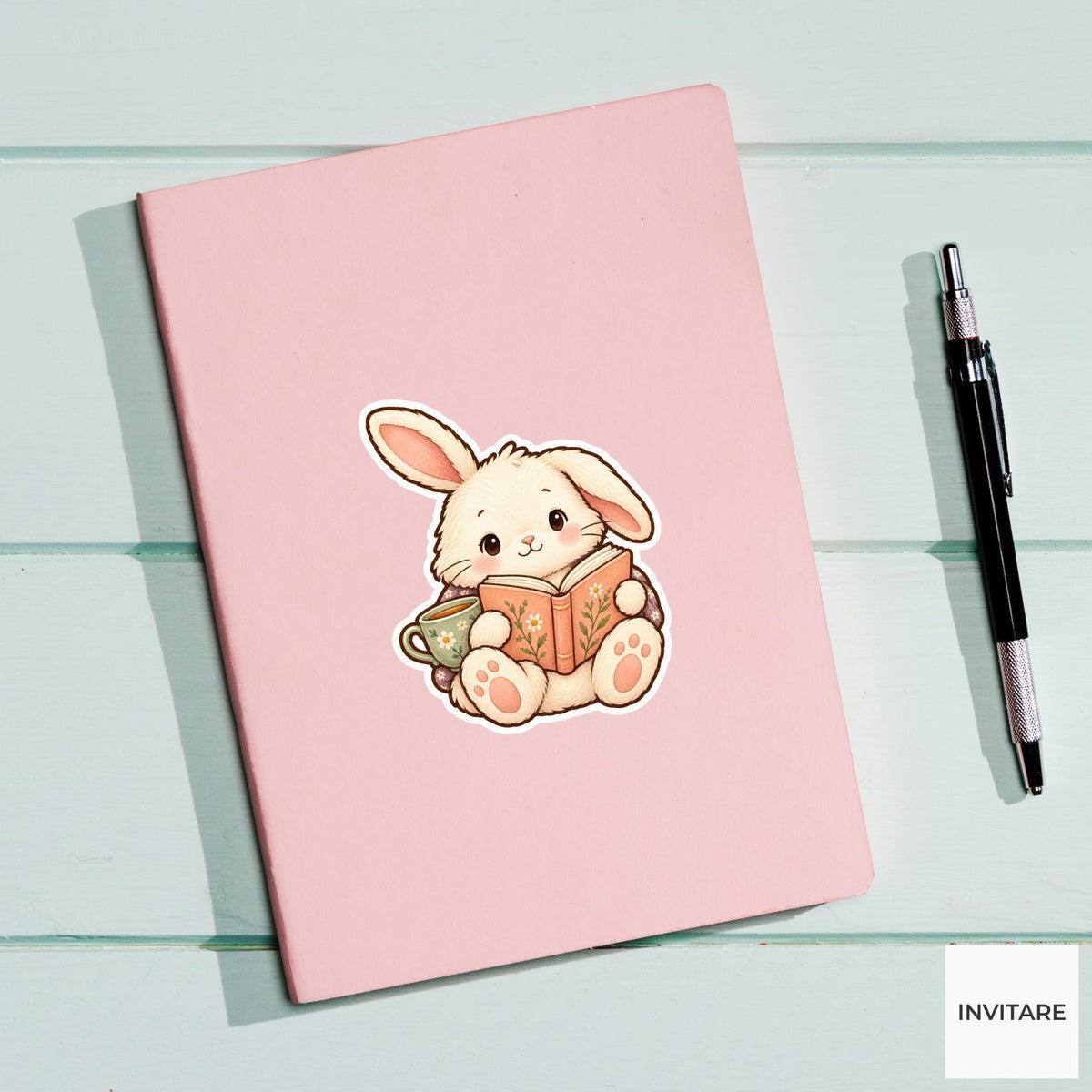 Bunny Tea And Book Sticker, Cute Watercolor Reader Laptop Planner Water Bottle Gift