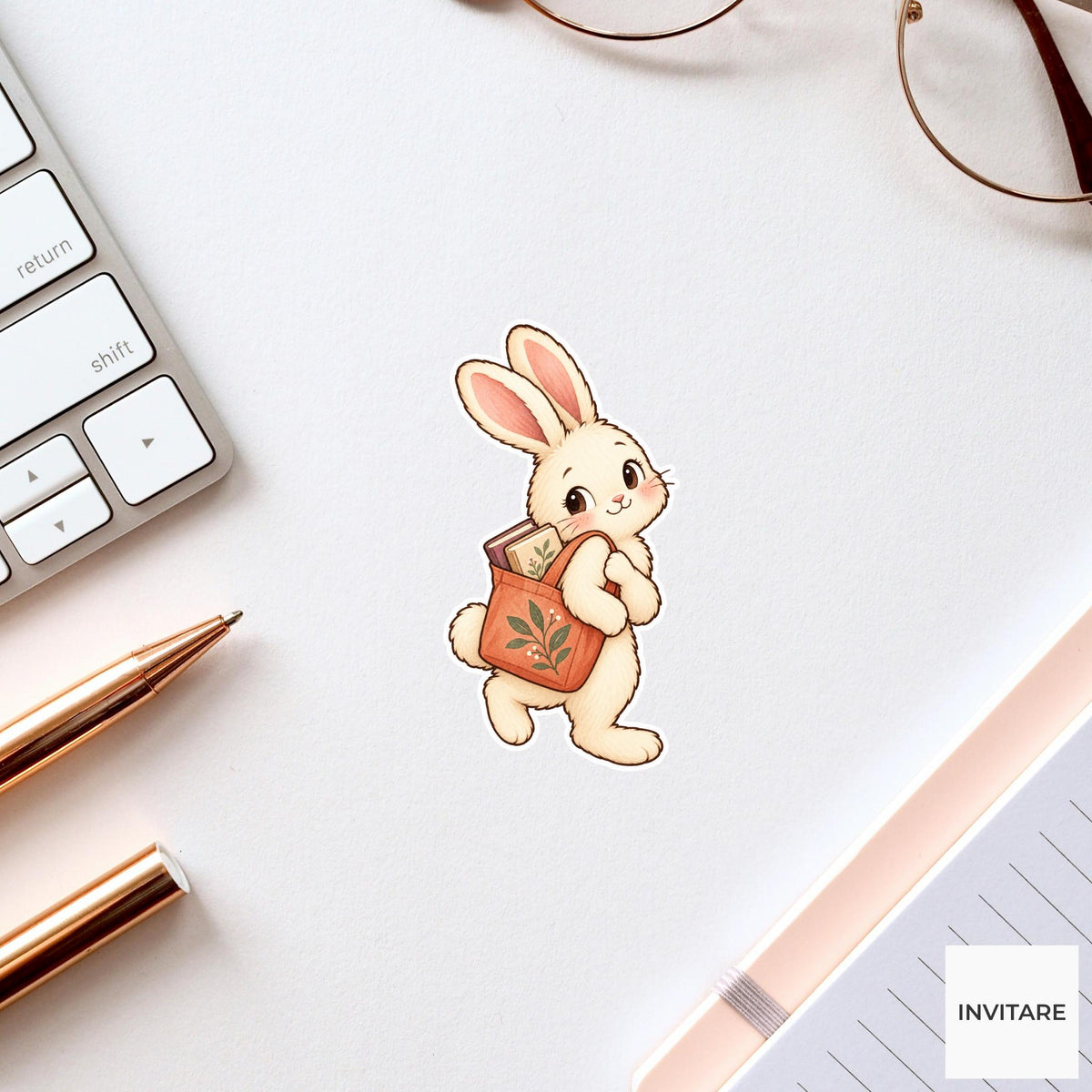 Bunny Library Tote Sticker, Cute Watercolor Bookish Rabbit Laptop Planner Water Bottle Gift