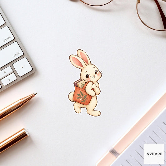 Bunny Library Tote Sticker, Cute Watercolor Bookish Rabbit Laptop Planner Water Bottle Gift