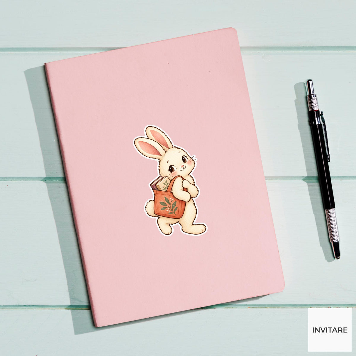 Bunny Library Tote Sticker, Cute Watercolor Bookish Rabbit Laptop Planner Water Bottle Gift