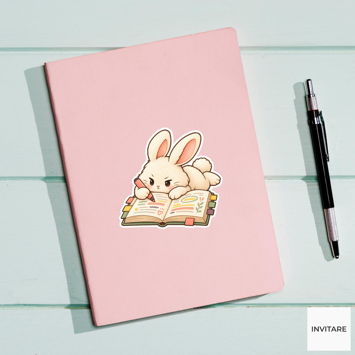 Bunny Annotating Book Sticker, Cute Watercolor Reader Laptop Planner Water Bottle Student Gift