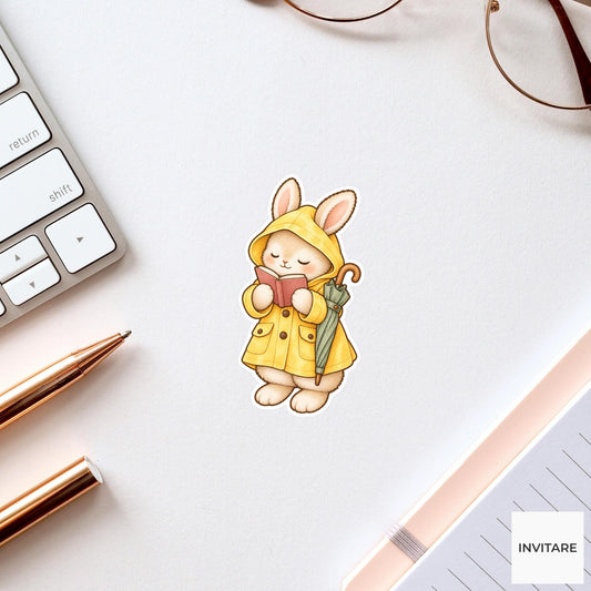 Bunny Raincoat Reading Sticker, Cute Watercolor Bookish Rabbit Laptop Planner Water Bottle Gift