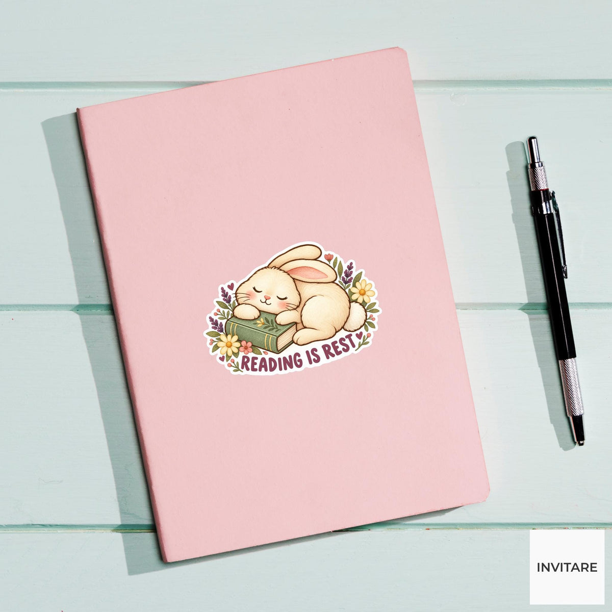 Bunny Reading Is Rest Sticker, Cute Watercolor Reader Laptop Planner Water Bottle Gift