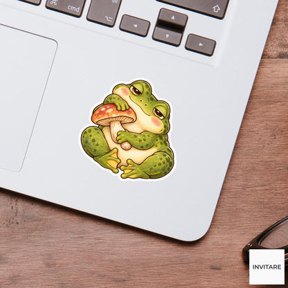 Frog Mushroom Pillow Sticker, Cute Watercolor Amphibian Laptop Planner Water Bottle Cozy Gift