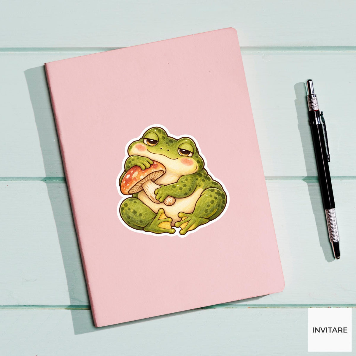 Frog Mushroom Pillow Sticker, Cute Watercolor Amphibian Laptop Planner Water Bottle Cozy Gift