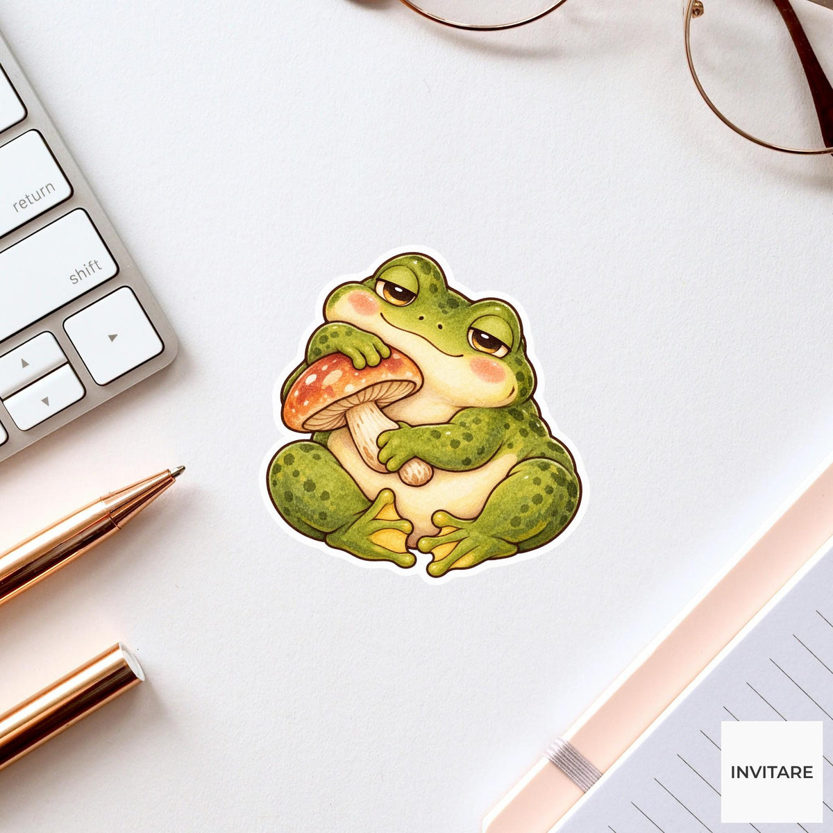 Frog Mushroom Pillow Sticker, Cute Watercolor Amphibian Laptop Planner Water Bottle Cozy Gift