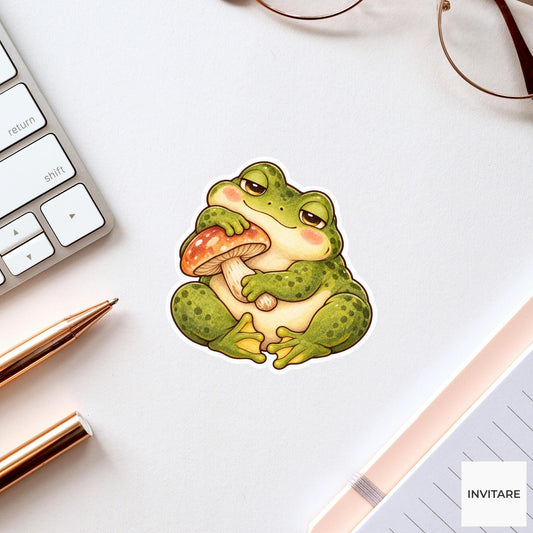 Frog Mushroom Pillow Sticker, Cute Watercolor Amphibian Laptop Planner Water Bottle Cozy Gift