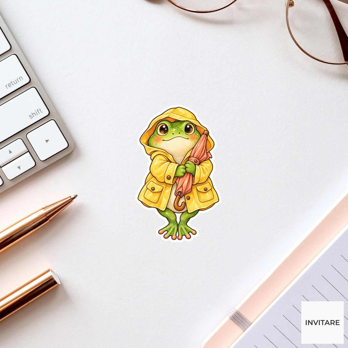Frog Raincoat Umbrella Sticker, Cute Watercolor Amphibian Laptop Planner Water Bottle Gift