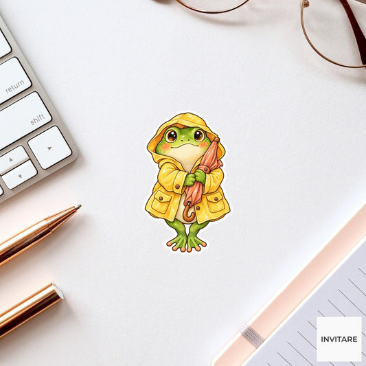 Frog Raincoat Umbrella Sticker, Cute Watercolor Amphibian Laptop Planner Water Bottle Gift
