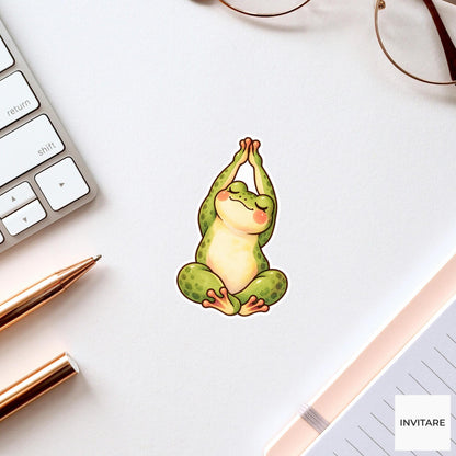 Frog Stretching Sticker, Cute Watercolor Wellness Amphibian Laptop Planner Water Bottle Gift