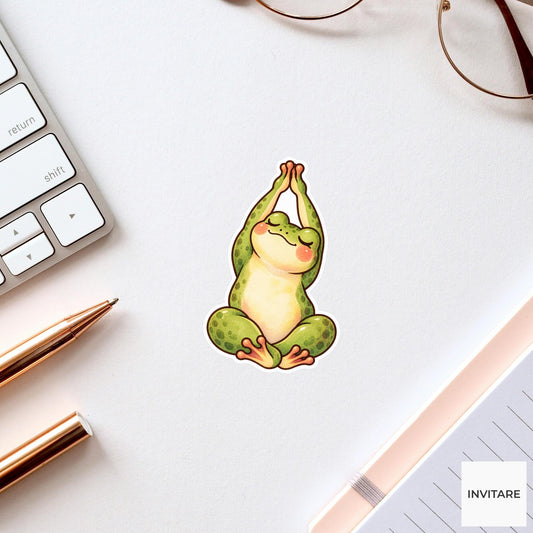 Frog Stretching Sticker, Cute Watercolor Wellness Amphibian Laptop Planner Water Bottle Gift
