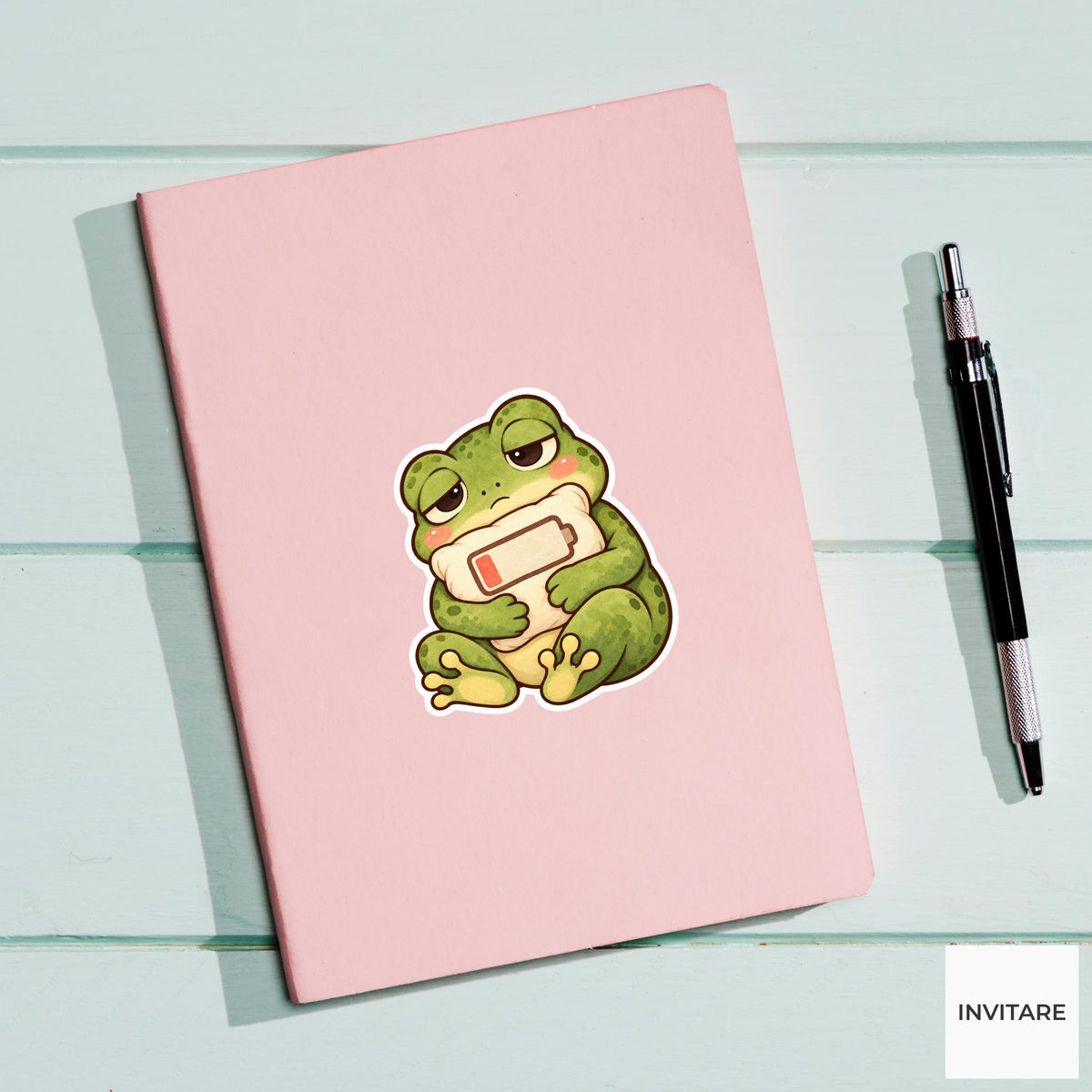 Frog Battery Pillow Sticker, Tired Watercolor Amphibian Laptop Planner Water Bottle Gift