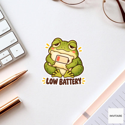 Frog Low Battery Sticker, Funny Watercolor Amphibian Laptop Planner Water Bottle Introvert Gift
