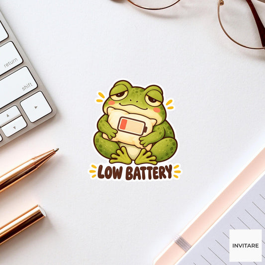 Frog Low Battery Sticker, Funny Watercolor Amphibian Laptop Planner Water Bottle Introvert Gift