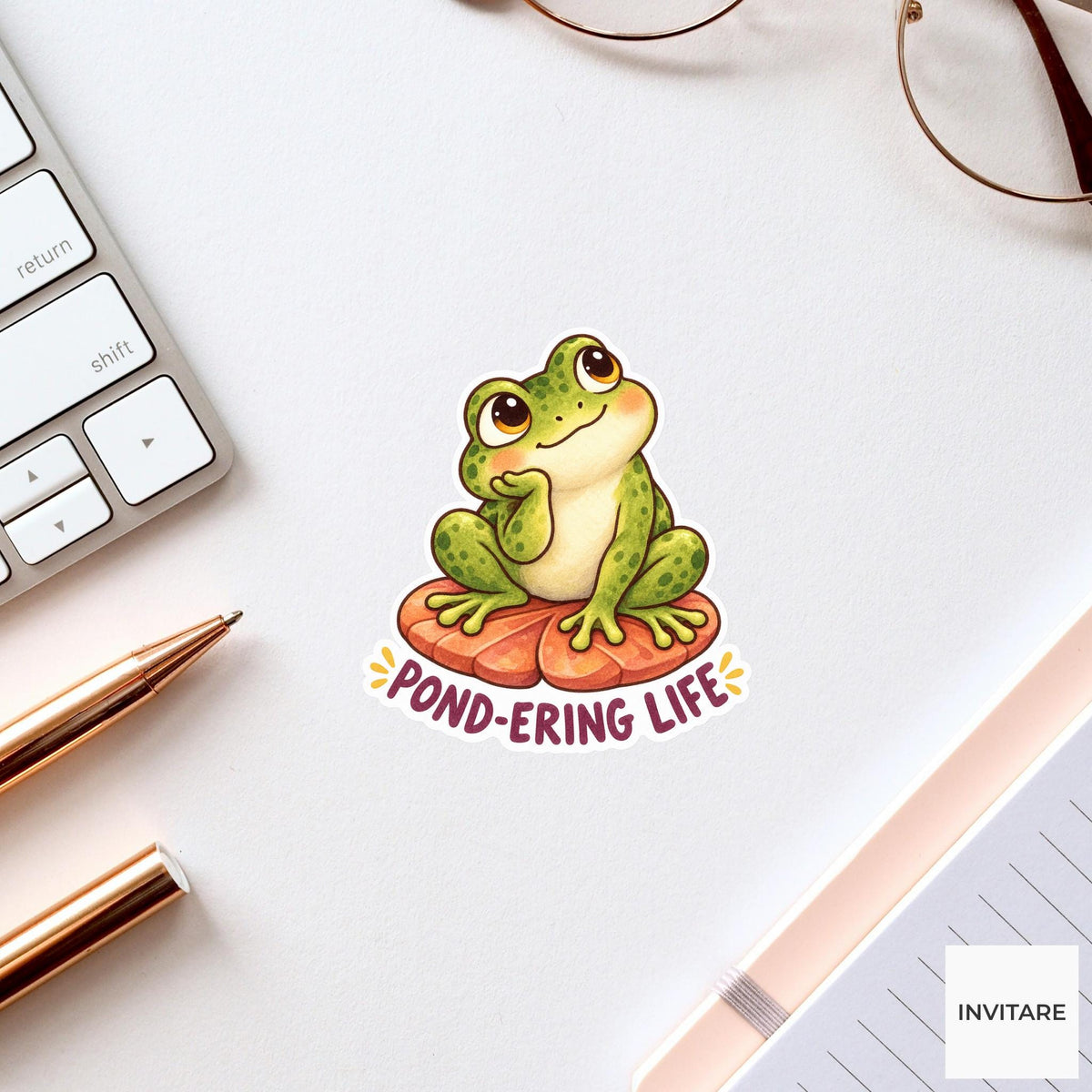 Frog Pond-ering Life Sticker, Funny Watercolor Amphibian Laptop Planner Water Bottle Gift