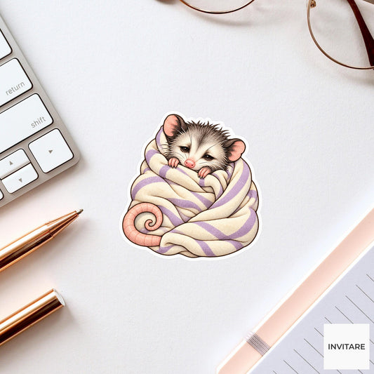 Possum Blanket Sticker, Cozy Watercolor Marsupial Laptop Planner Water Bottle Nap Lover Gift