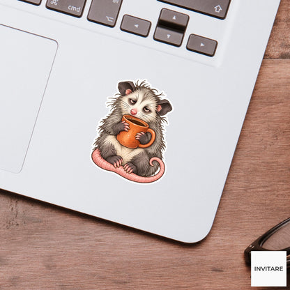 Possum Coffee Mug Sticker, Funny Watercolor Marsupial Laptop Planner Water Bottle Morning Gift