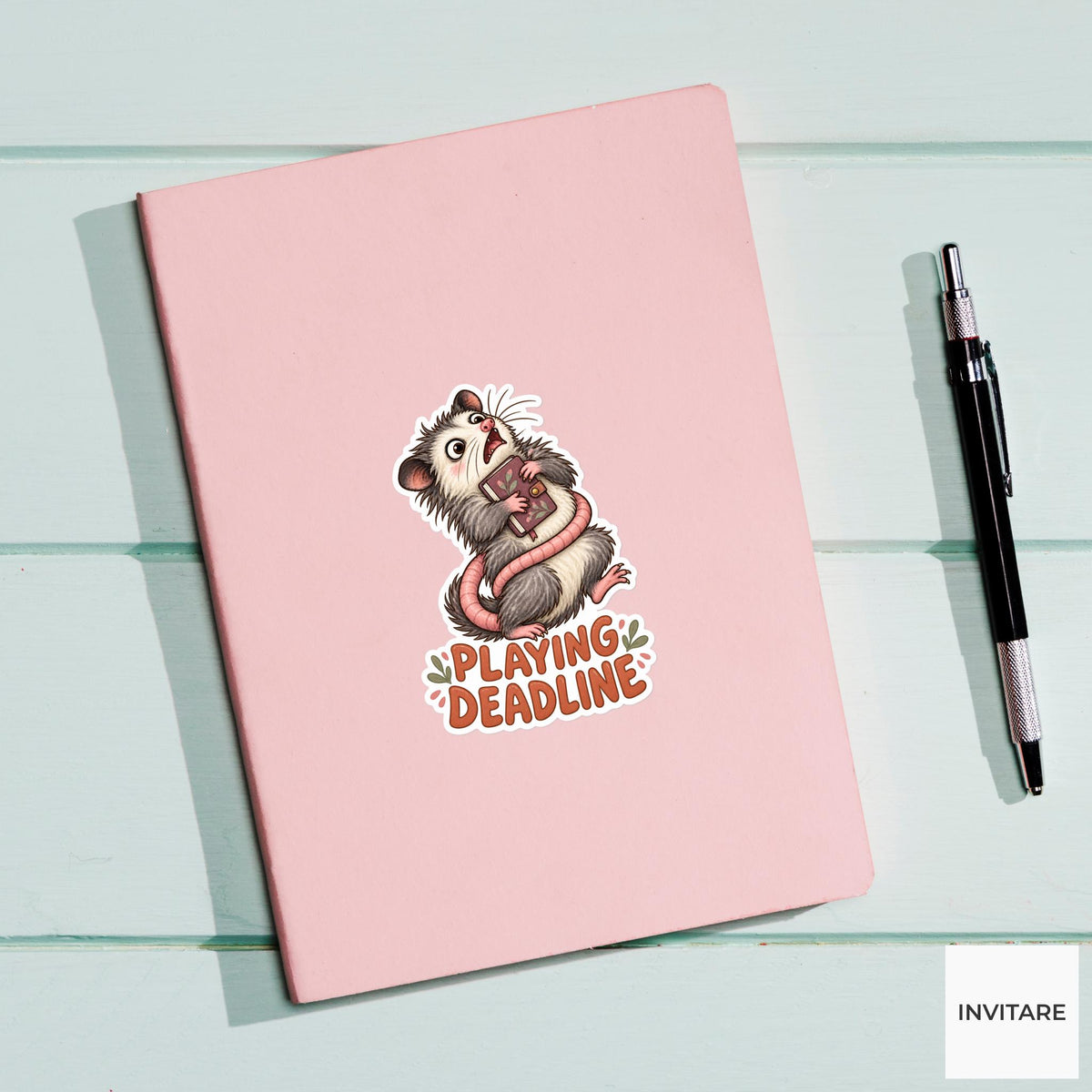 Possum Playing Deadline Sticker, Funny Watercolor Planner Laptop Water Bottle Student Gift