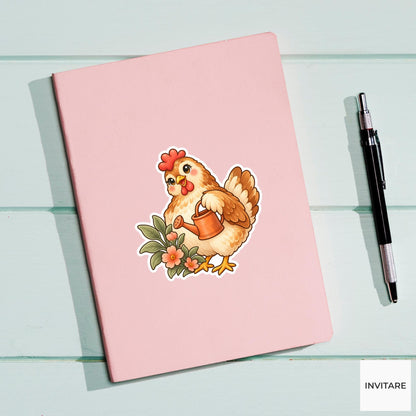 Chicken Watering Can Sticker, Cute Watercolor Hen Laptop Planner Water Bottle Garden Gift