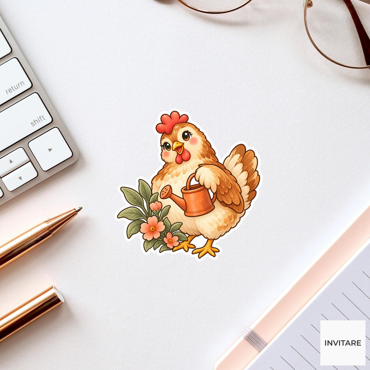 Chicken Watering Can Sticker, Cute Watercolor Hen Laptop Planner Water Bottle Garden Gift