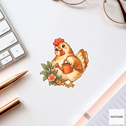 Chicken Watering Can Sticker, Cute Watercolor Hen Laptop Planner Water Bottle Garden Gift