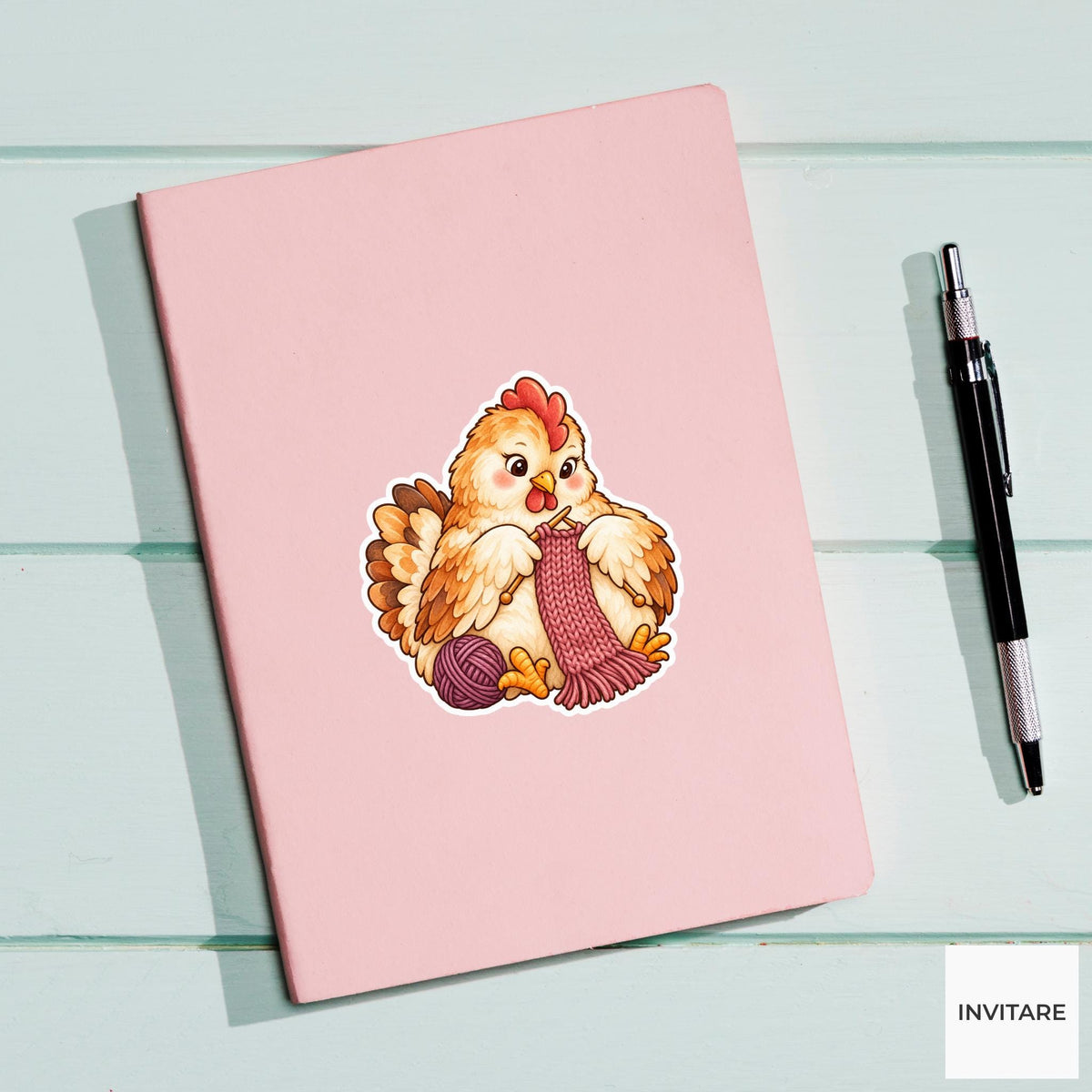 Chicken Knitting Sticker, Cute Watercolor Hen Laptop Planner Water Bottle Craft Lover Gift