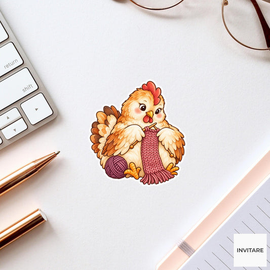 Chicken Knitting Sticker, Cute Watercolor Hen Laptop Planner Water Bottle Craft Lover Gift