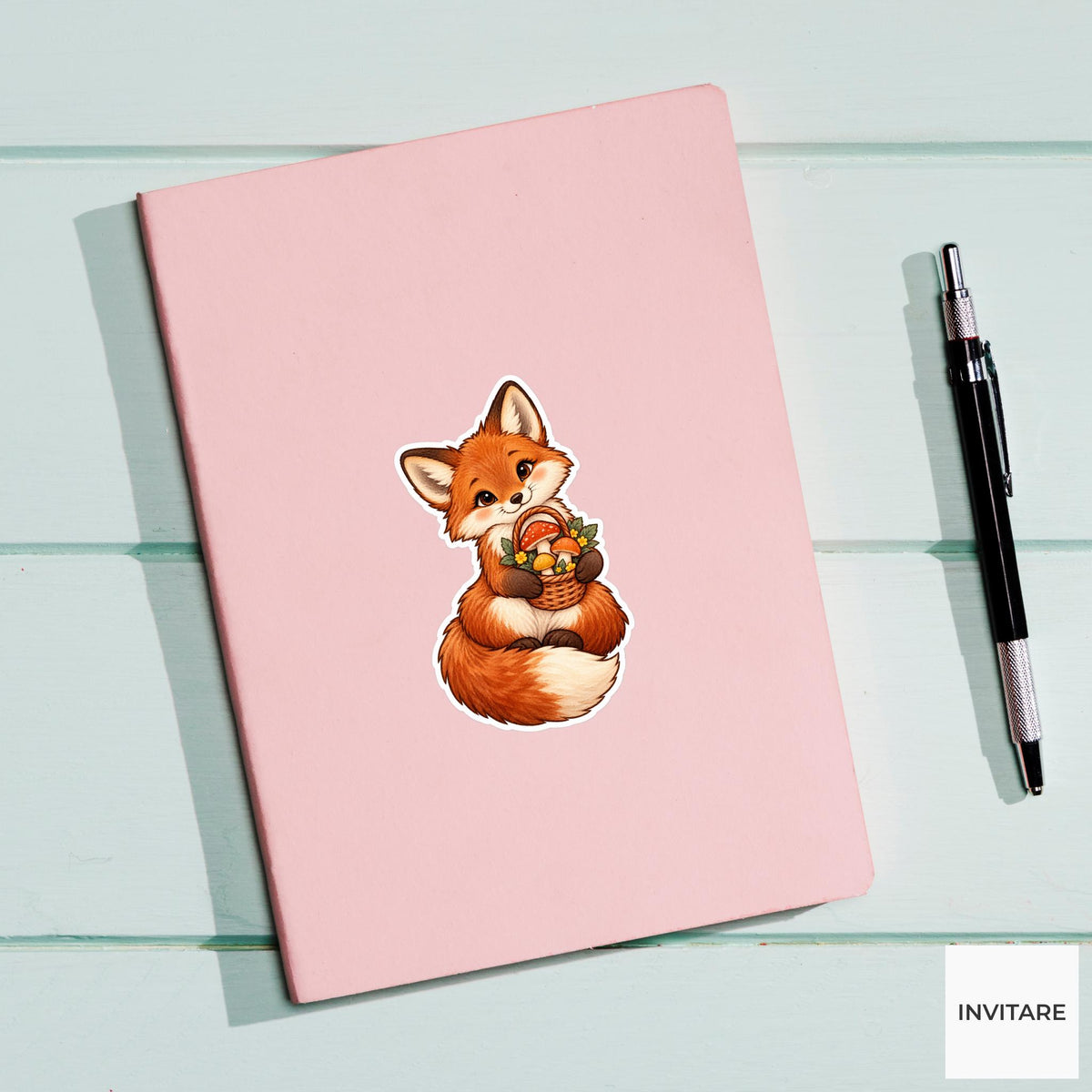 Fox Mushroom Basket Sticker, Cute Watercolor Woodland Forager Laptop Planner Water Bottle Gift