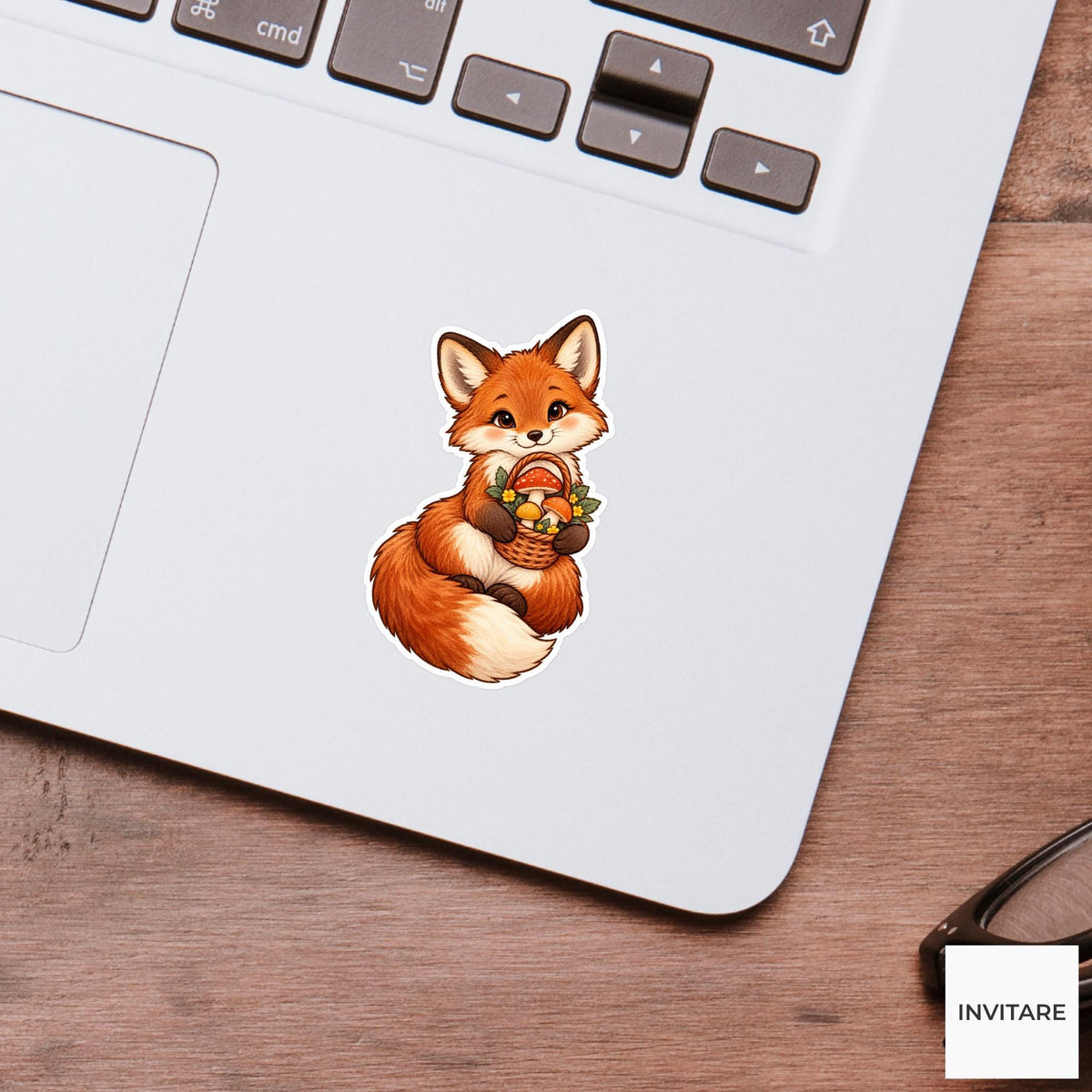 Fox Mushroom Basket Sticker, Cute Watercolor Woodland Forager Laptop Planner Water Bottle Gift