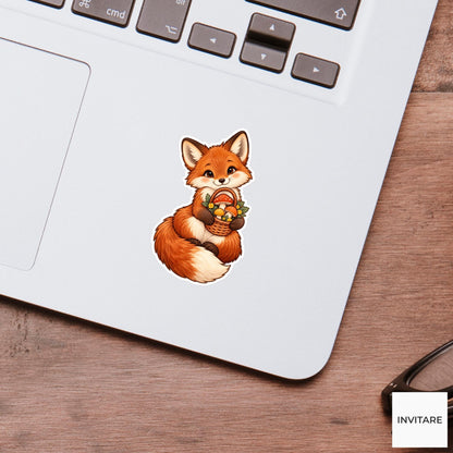 Fox Mushroom Basket Sticker, Cute Watercolor Woodland Forager Laptop Planner Water Bottle Gift