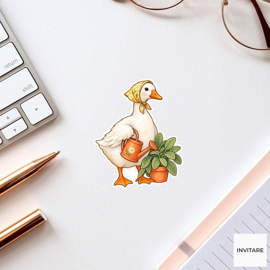 Goose Watering Can Sticker, Cute Watercolor Gardener Laptop Planner Water Bottle Garden Gift