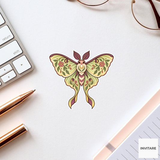 Luna Moth Floral Sticker, Watercolor Folk Art Laptop Planner Water Bottle Cottage Goth Gift