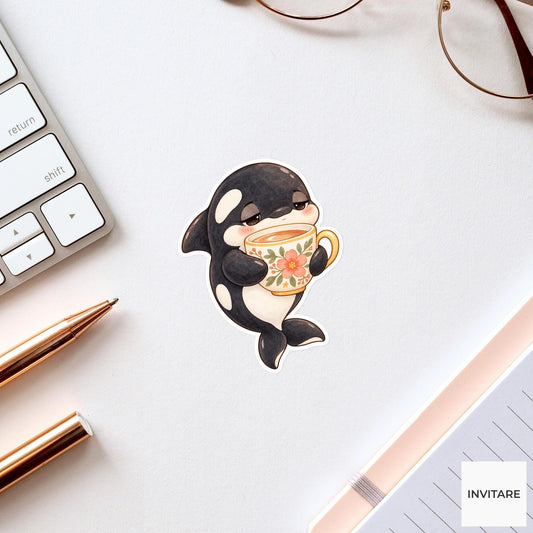 Sleepy Orca Teacup Sticker, Watercolor Whale Art for Cozy Journals and Tea Lovers