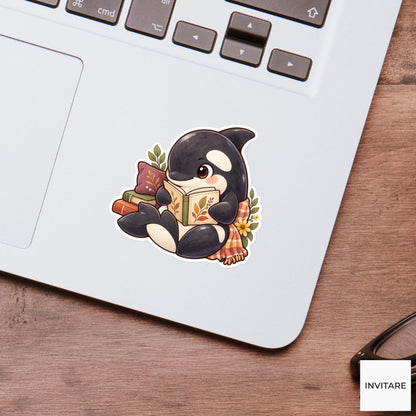 Reading Orca Sticker, Watercolor Bookish Whale with Autumn Flowers for Journals and Readers