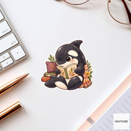 Reading Orca Sticker, Watercolor Bookish Whale with Autumn Flowers for Journals and Readers