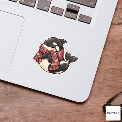 Cozy Orca Scarf Sticker, Watercolor Whale in Plum Knit for Winter Journals and Planners