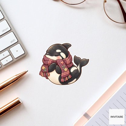 Cozy Orca Scarf Sticker, Watercolor Whale in Plum Knit for Winter Journals and Planners