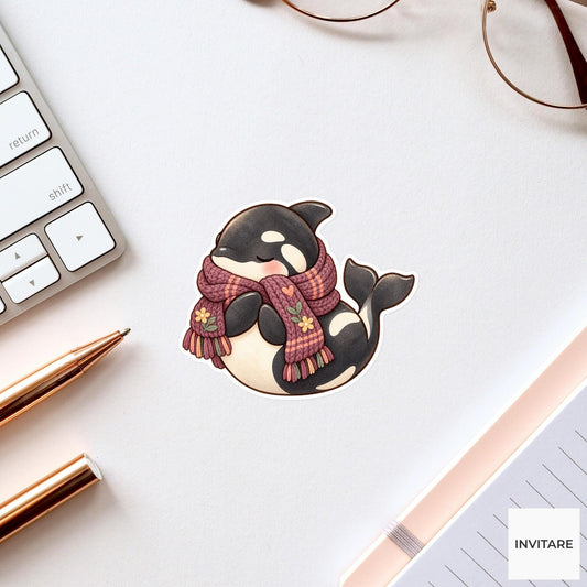 Cozy Orca Scarf Sticker, Watercolor Whale in Plum Knit for Winter Journals and Planners