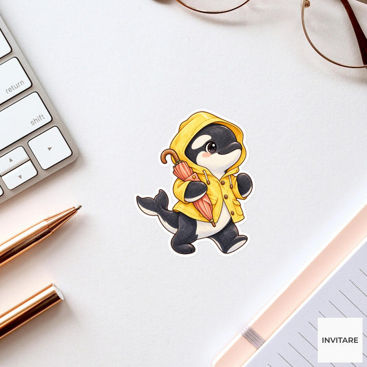 Orca Raincoat Sticker, Watercolor Whale with Yellow Jacket and Umbrella for Cute Journal Decor