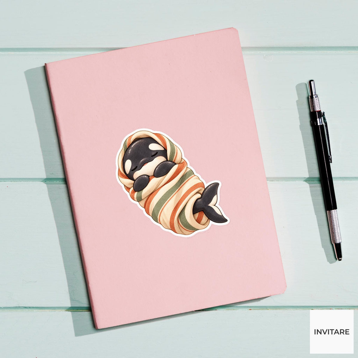 Blanket Burrito Orca Sticker, Sleepy Watercolor Whale for Cozy Planners and Animal Lover Gifts
